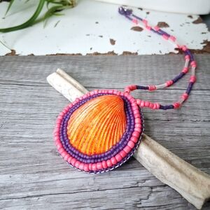 Handmade Orange Shell Pendant Necklace with Pink & Purple Beads